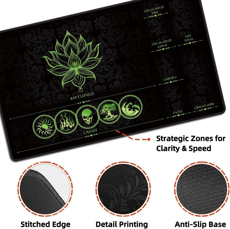 FROGIGO MTG Playmat with Play Zones – Magic Play mat Card Game Mat for Magic The Gathering, Lotus & Basic Lands Design, 24x14 inch, Stitched Edge, Non-Slip Base with Prismatic Playmat Tube-Green Zone - Image 3